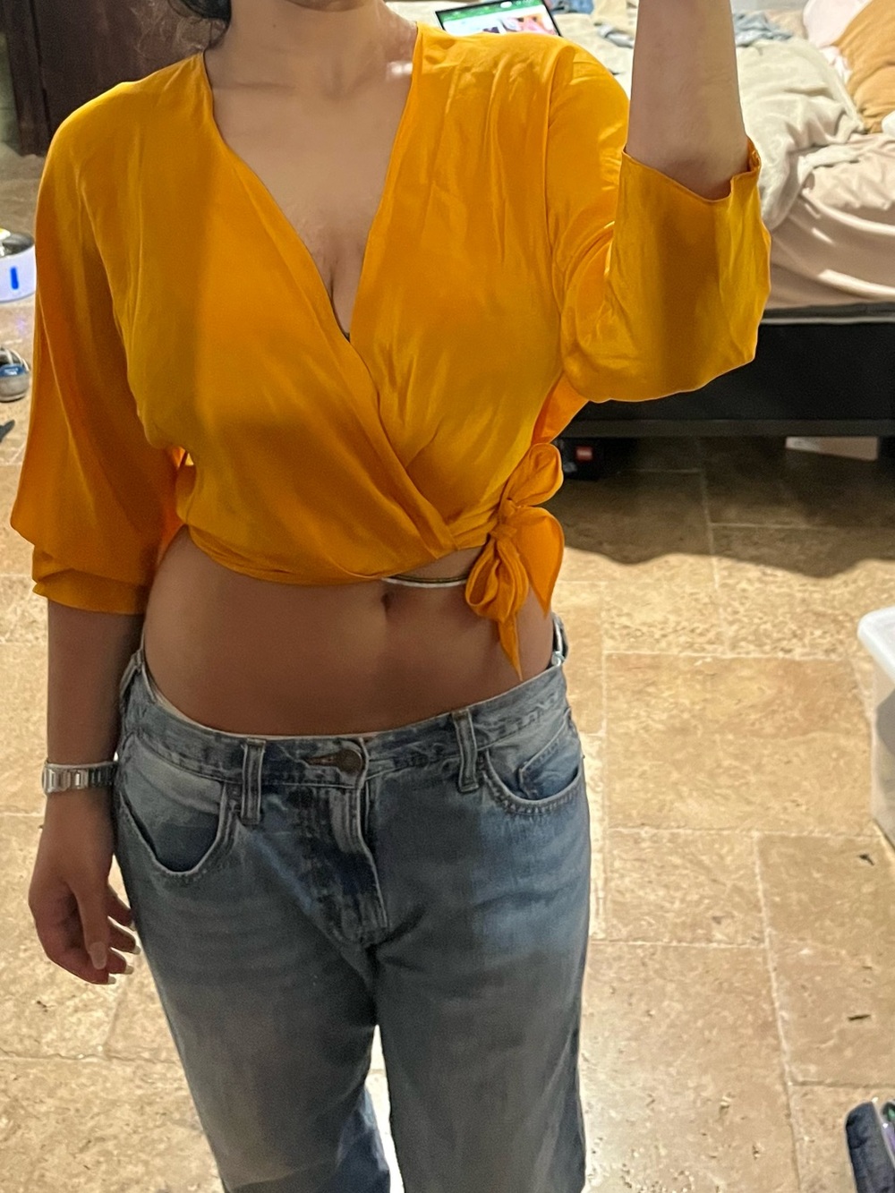 Vintage Golden Orange Satin Wrap Tie Crop Top - Picture 4 of 4